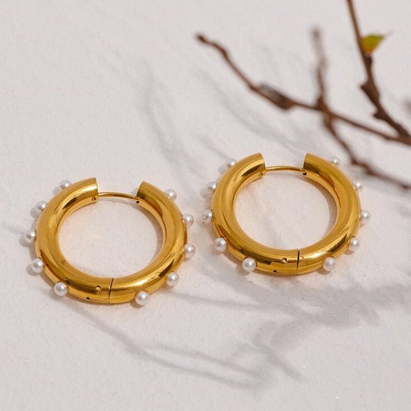 Vintage 18K Gold Hoop‎ Earrings With Imitation Pearls - Picture 1 of 13